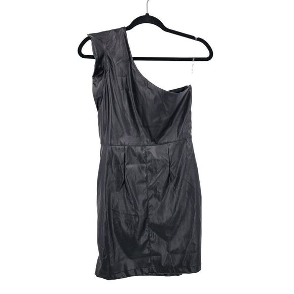 Entro Vegan Faux Leather One Shoulder Mini Dress M Black Ruffle Sexy Cocktail - Picture 6 of 12